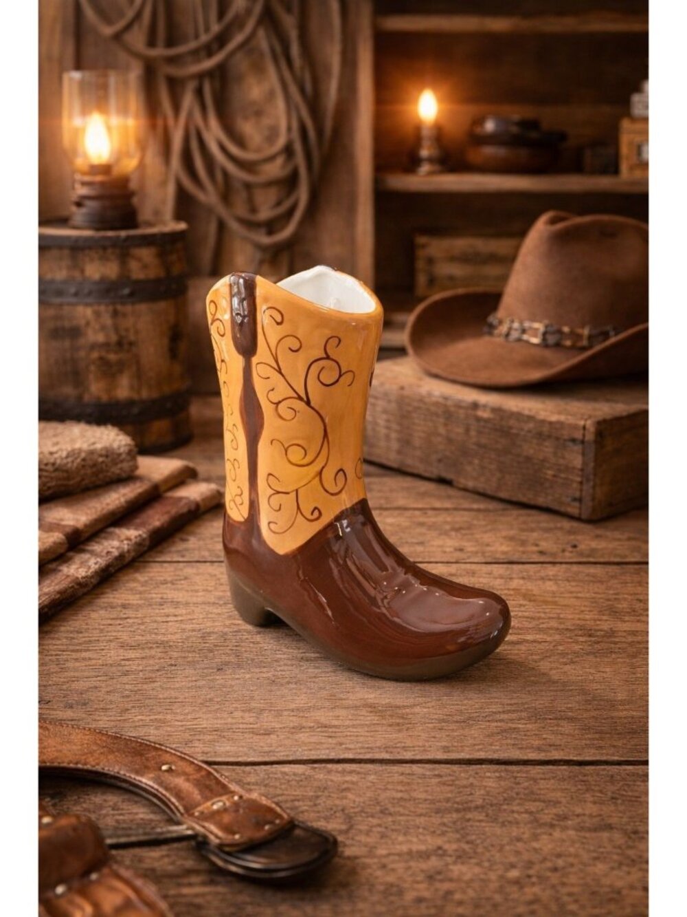 New Brown Western Cowboy Boot Decorative Flower Table Vase Room Decor